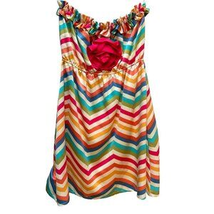 Judith March Dress Chevron Ruffled Retro Strapless  Flower Accent Festival Large